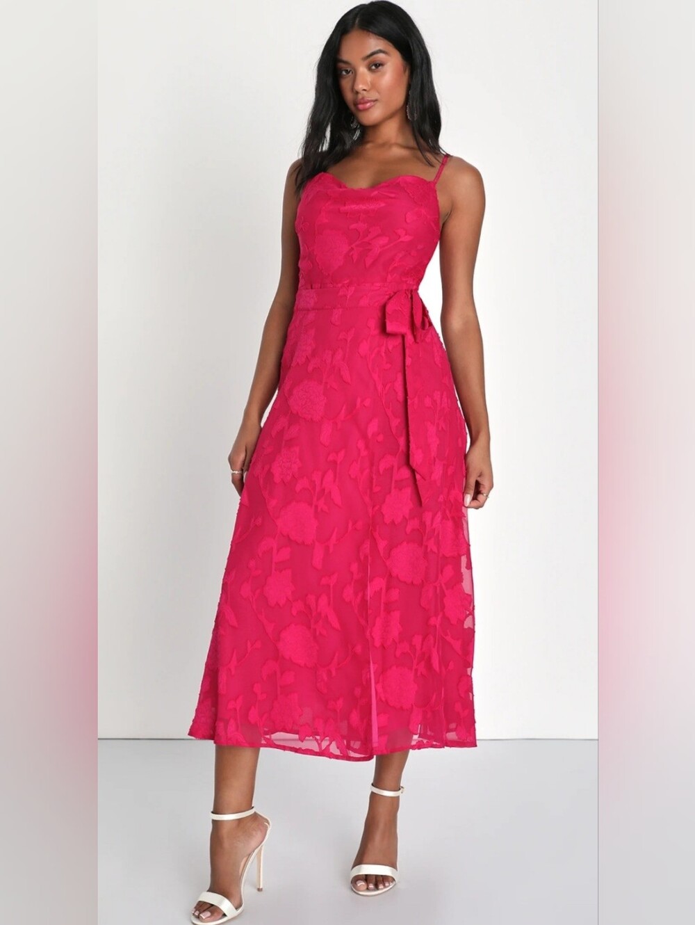 Lulus Dreamy Event Magenta Burnout Floral Faux Wrap Midi Dress size M